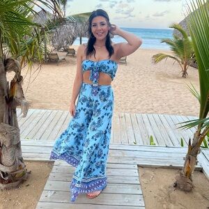 Lulus Sunset Fiesta Light Blue Floral Print Two-Piece Jumpsuit